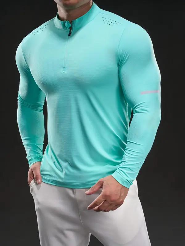Men's Half Zip Up Stand Collar Sports Tee, High Stretch Tight-fitting Casual Comfy Breathable Long Sleeve T-shirt for Gym Workout Running, Men's High Stretch Sportswear for All Seasons, Athletic Fitted Breathable Mens Clothing 2