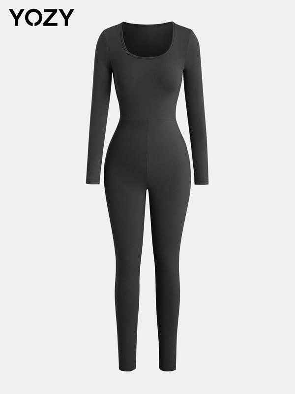 YOZY Waist-hugging Jumpsuit, Casual Minimalist Breathable Slim Long Sleeve Square Neck Bodycon Jumpsuit, 2024 Women's Daily Wear for Spring & Autumn 6