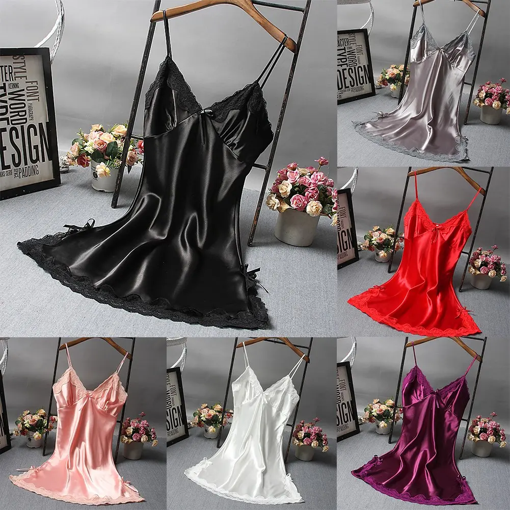 Women Sexy Satin Soft Nightdress Lace Lingerie Sleepwear Ladies Wrap Dress Robe