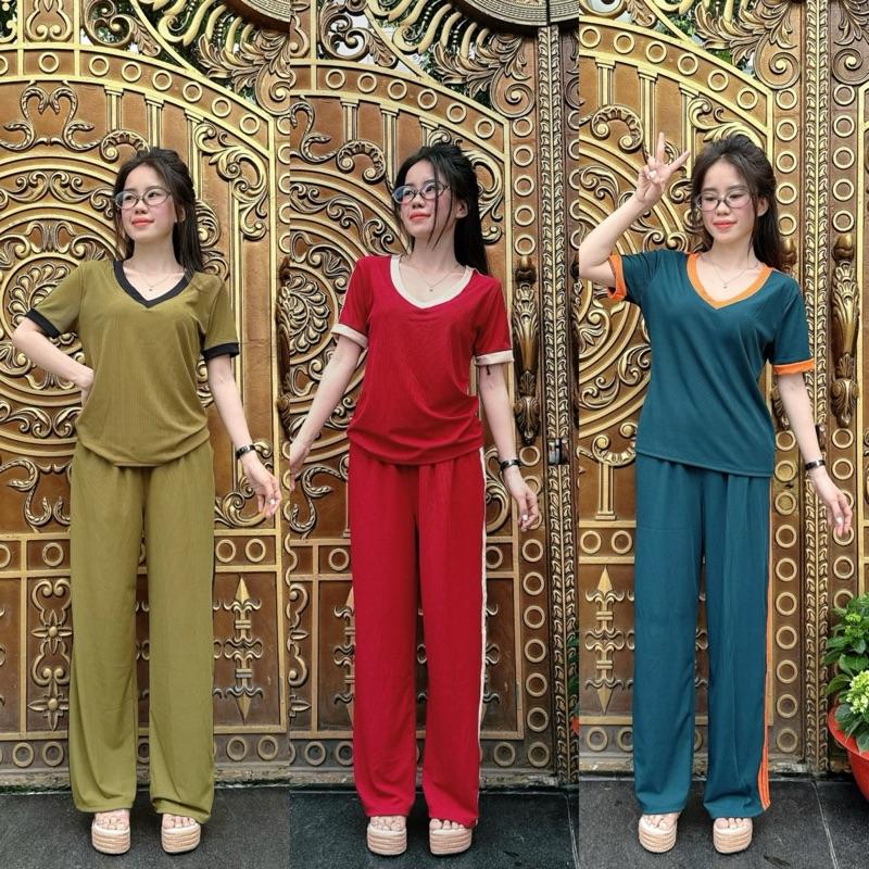 Set bộ thể thao cổ tim quần ống suông thời trang xinh