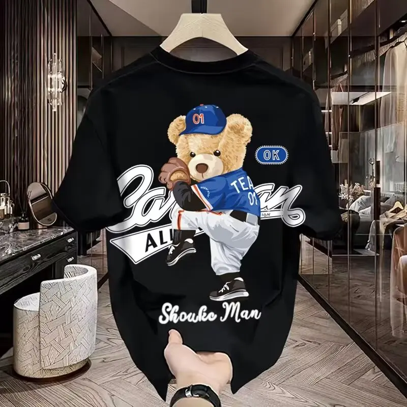 Heavy duty pure cotton trendy printed T-shirt with American fireworks, handsome men's short sleeves, summer round neck, loose and versatile