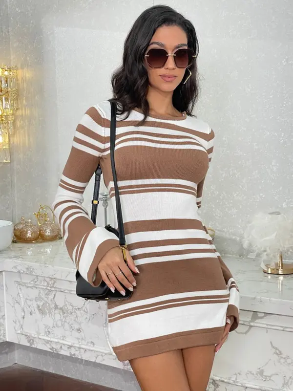Women's Striped Print Backless Tie Back Sweater Frenchy Style Knitted Dress, Long Sleeve Crew Neck Dress for Spring & Fall, Holiday Dress 2024, Fashion Casual Dresses for Women Daily Wear, Holiday Summer Clothes, Dresses for Women 1