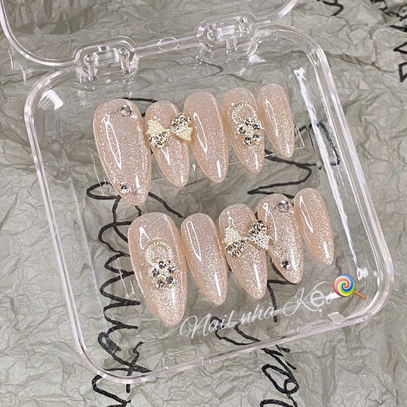  K16- nail box thiết kế Mắt mèo kim cương hồng đào phối charm Nữ 