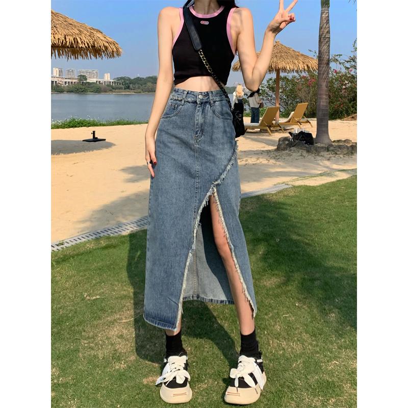 Product Introduction of Tassel denim mid-length spring and autumn 2023 new style raw edge high waist slimming fashionable all-match trendy long skirt 3