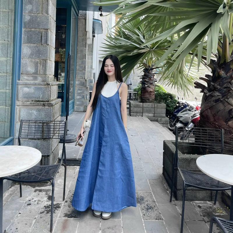 [Kim Clothing] Set đồ nữ áo thun ba lỗ trắng form ôm + đầm yếm jean suông xoè dài