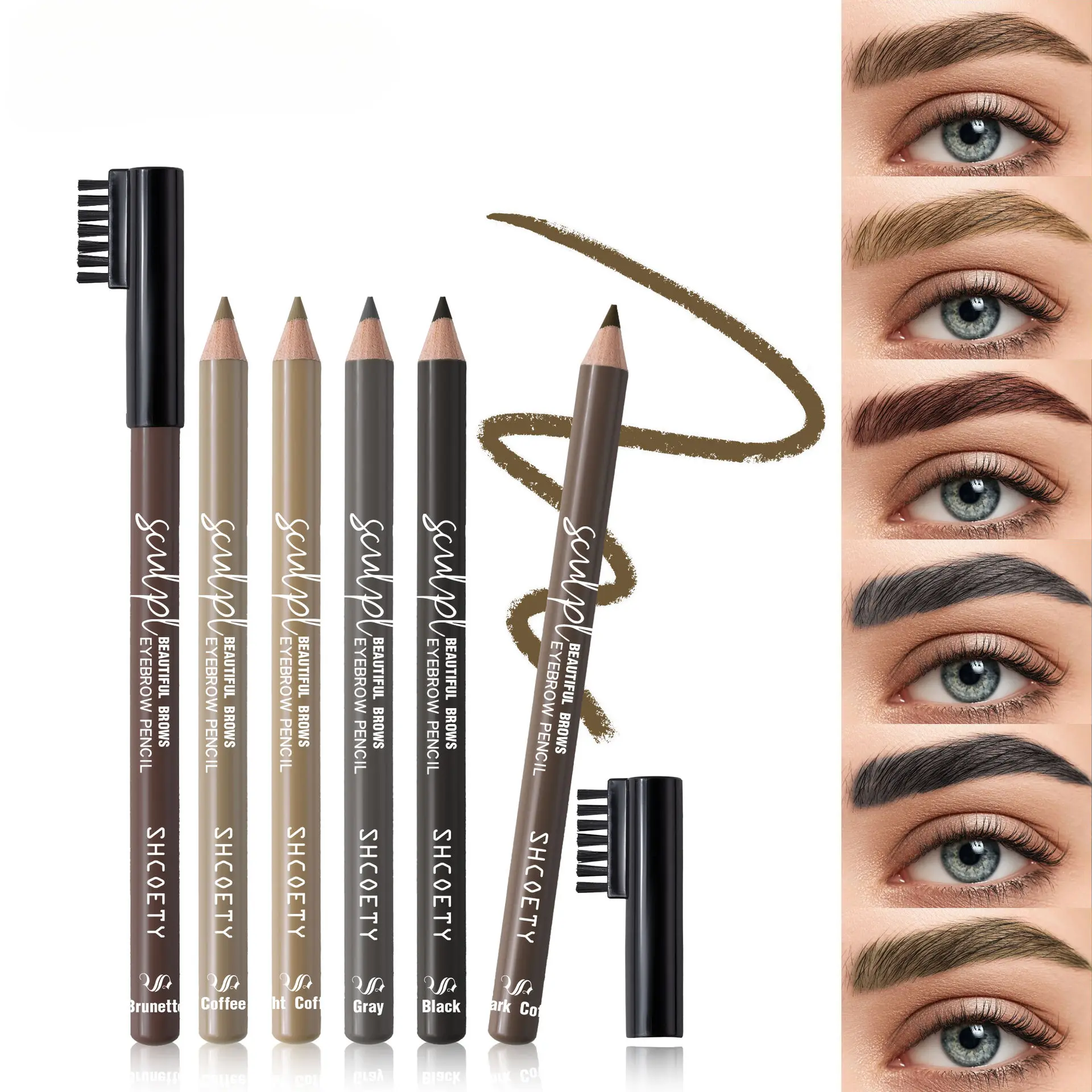 Eyebrow Pencil with Brush, Wooden Handle, Waterproof, Smudge-proof, Long-lasting, Natural Look, Multiple Colors
