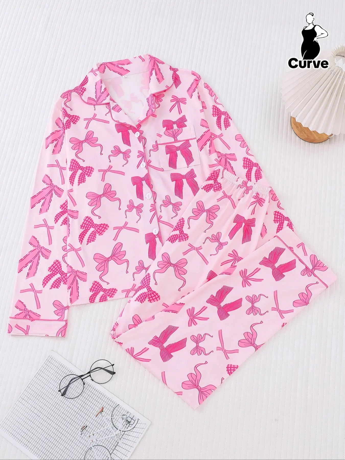 【plus Size】 Two-piece Set Animal Print Contrast Binding Pyjama Set, Casual Comfy Lapel Neck Pocket Shirt & Elastic Waist Pants Pj Set, Women's Plus Sleepwear for Spring & Fall, Sleepover Supplies for Girls, Pajamas