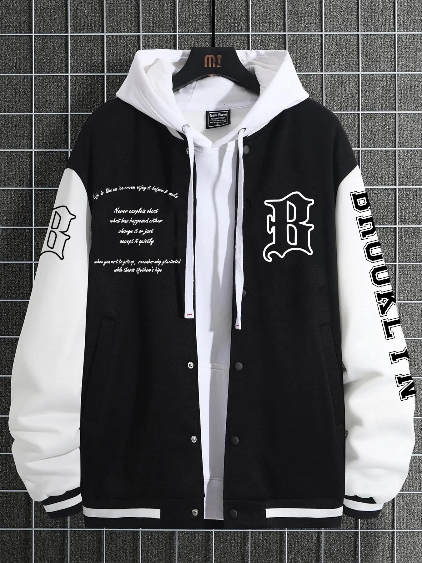 Men's Colorblock Graphic Drop Shoulder Varsity Jacket, Jacket for Men, Letter Print Pattern Casual Street Baseball Jacket, Casual Loose Mock Neck Button Front Outerwear for Spring & Fall, Fashion Men's Clothes for Daily Wear