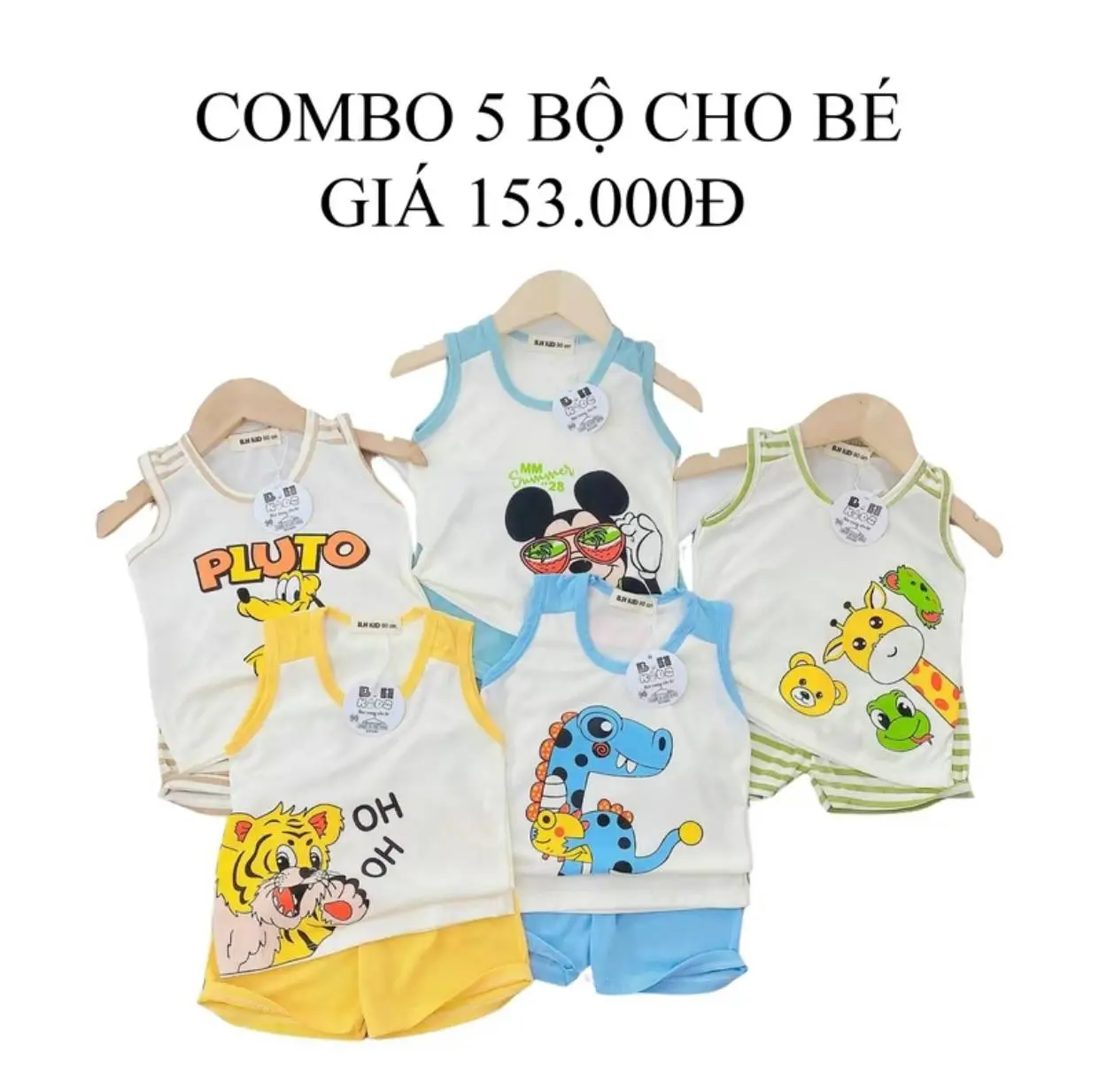 [5 bộ ba lỗ] Bộ đồ bé gái,bé trai mặc hè- chất Thun Tăm phối kẻ in hình động vật cho bé  từ 5-16kg