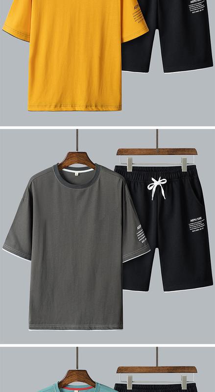 Product Introduction of New Leisure Sports Suit Men's All-Cotton Short-Sleeved T-shirt Shorts Set Workout Clothes Two-Piece Set 27