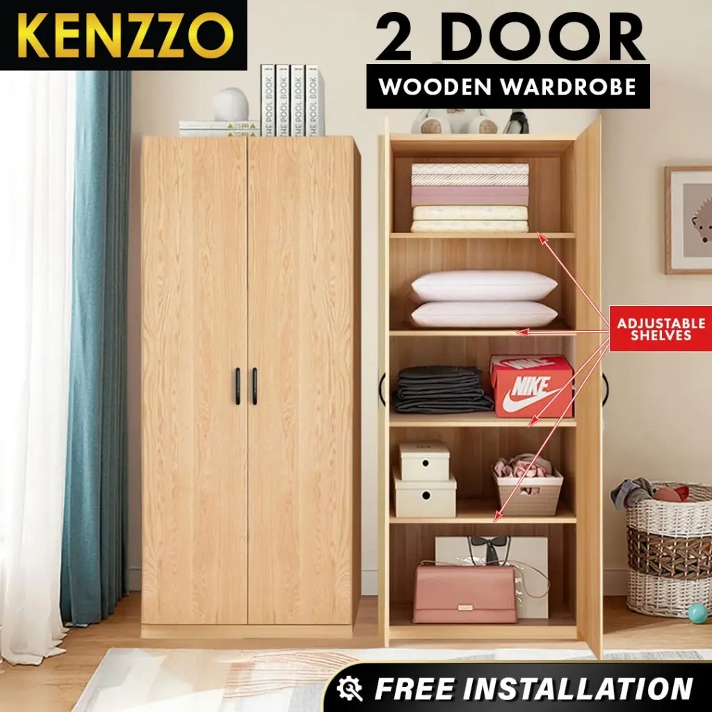 [FREE INSTALLATION] KENZZO : Multifunctional 2 Door 5 tier small corner wardrobe with Hanging rod & adjustable shelves