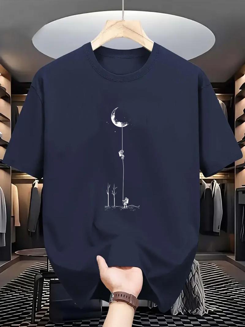 Product Introduction of Men's Moon Landing Graphic T-Shirt - Comfortable & Stretchy, Perfect for Summer Outdoor Activities | Street Casual Style with Round Neck in Black, Burgundy, Dark Green, Blue, Grey Customized Photo T-shirt 1