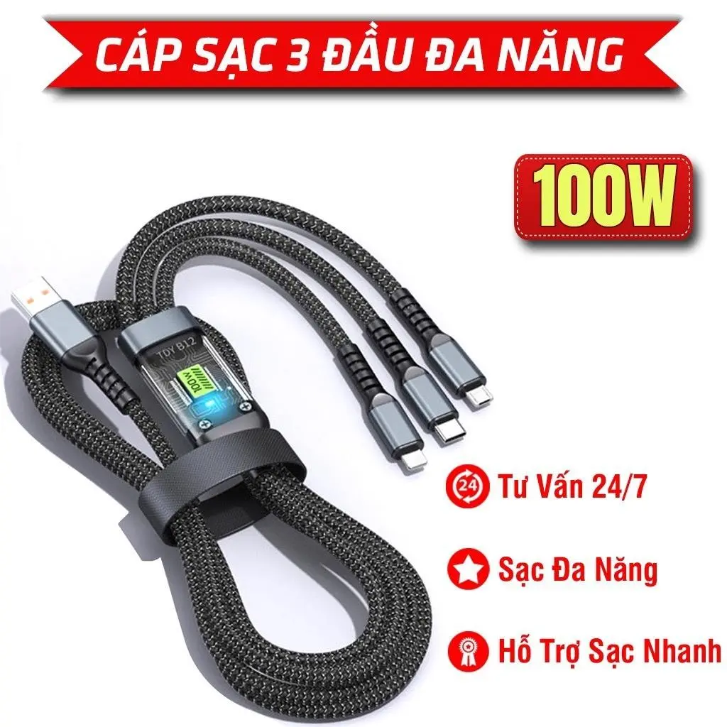 3369 Cáp Sạc Nhanh , Dây Sạc Tự Ngắt Bọc Dù 100W Tích Hợp 3 Cổng Micro Usb Type C 3 In 1