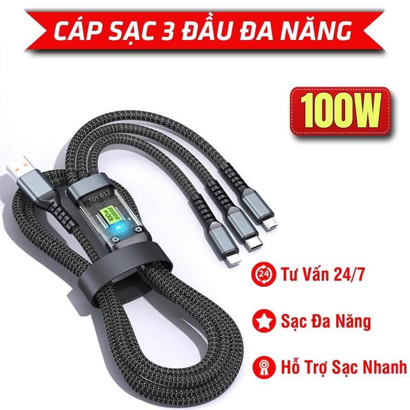 3369 Cáp Sạc Nhanh Dây Sạc Tự Ngắt Bọc Dù 100W Tích Hợp 3 Cổng Micro Usb Type C 3 In 1 Carbon Phụ Kiện
