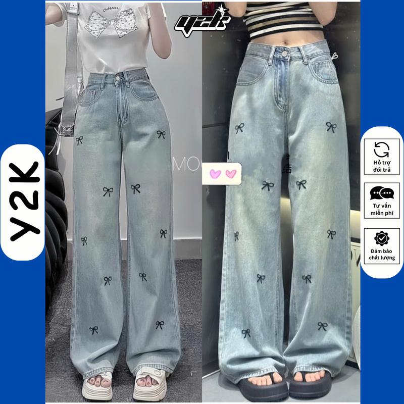 (SUÔNG NẤM LÙN) QUẦN JEAN ỐNG SUÔNG NỮ THÊU NƠ ĐEN NHỎ CẠP CAO ỐNG RỘNG MÀU BỤI Xuông Lưng Cao CHO NẤM LÙN Women Pants size xs quansuong namlun m5 suong theu jeans