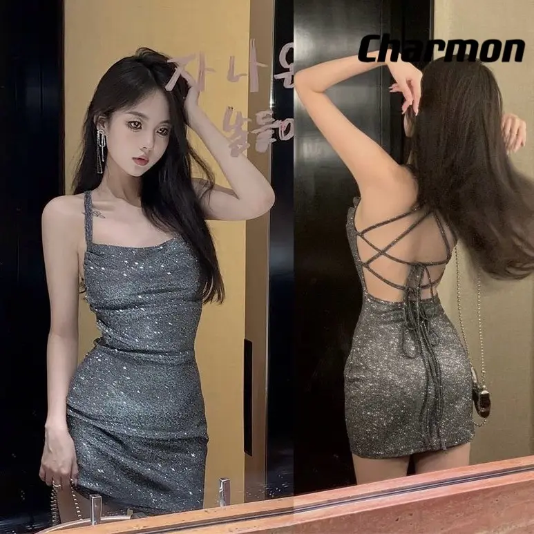 【HàngQC,① ngày đến nơi】đầm body sexy váy body hở lưng đầm lụa váy lụa 2 dây váy bling bling lấp lánh sang chảnh S10028 váy  tiệc Nữ Voan Voi Dress Women