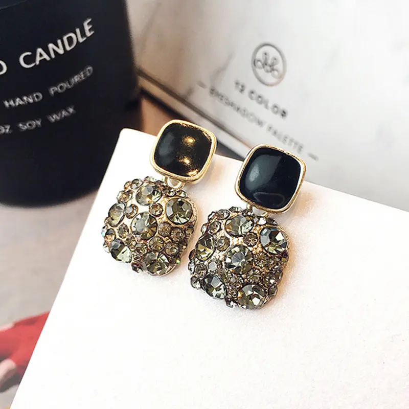 OKEBELANJA Anting Petak Berkristal Hitam S925 Aksesoris Wanita Korea Style 2