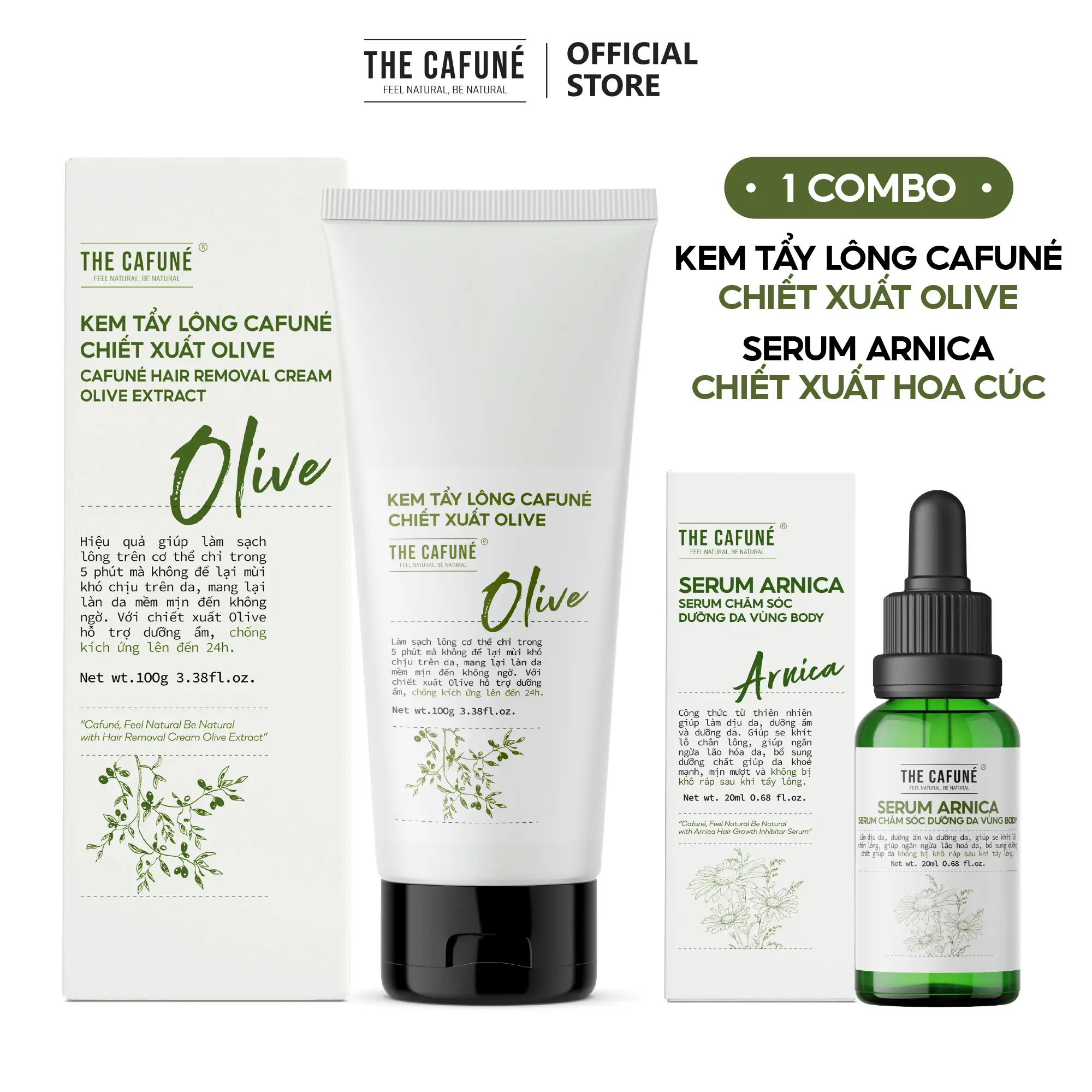 Combo Kem Tẩy Lông Olive Và Serum Arnica The Cafuné Dùng Được Cho Bikini, Chân, Tay, Nách 100Ml Nữ Waxing