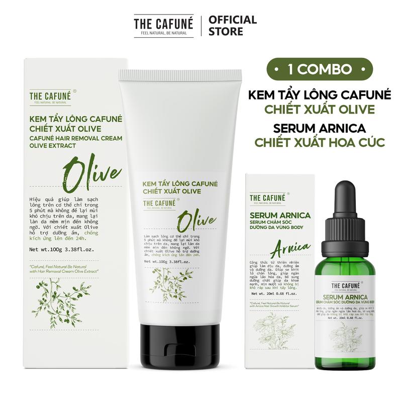 Combo Kem Tẩy Lông Olive Và Serum Arnica The Cafuné Dùng Được Cho Bikini, Chân, Tay, Nách 100ml Nữ Waxing