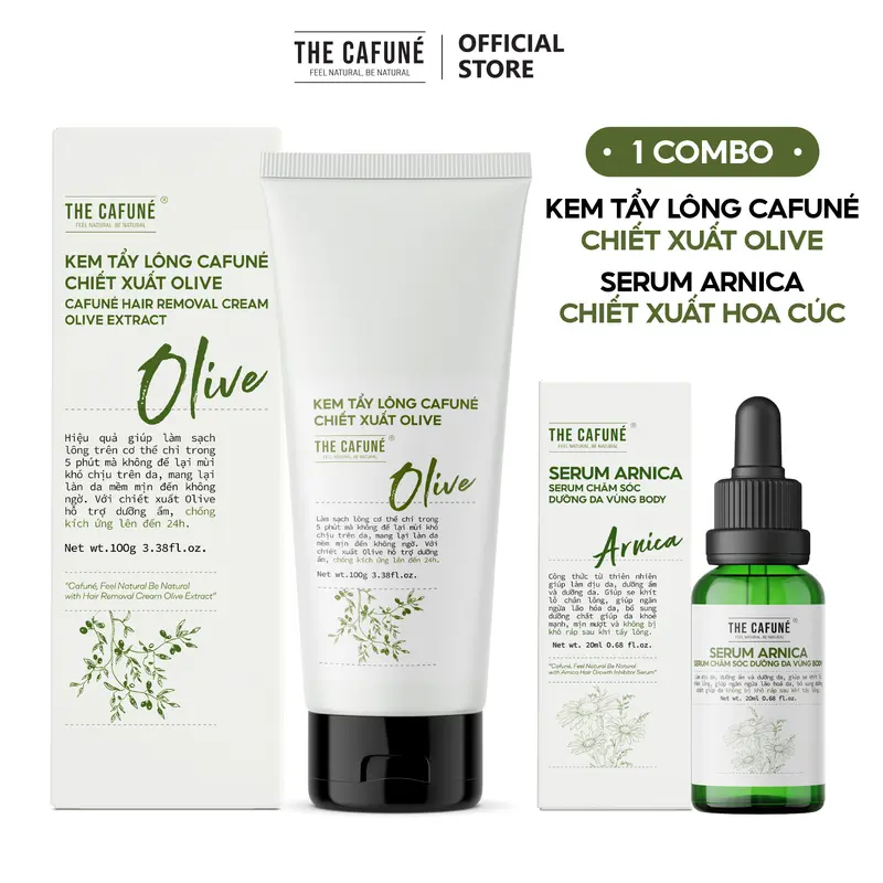 Combo Kem Tẩy Lông Olive Và Serum Arnica The Cafuné Dùng Được Cho Bikini, Chân, Tay, Nách 100ml Nữ Waxing
