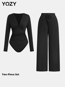 YOZY Two-piece Set Women's Solid Ruched Bodysuit & Wide Leg Pants, Casual Deep V Neck Long Sleeve Top & Baggy Drawstring Trousers for Daily Wear, Ladies Two-piece Outfits for All Seasons