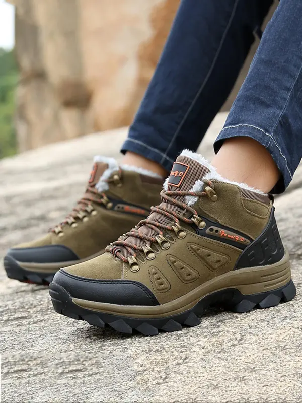 Men's Solid Color Lace Up Ankle Boots, 2024 New Style Casual Sporty Warm Snow Boots for Outdoor Hiking, Non-slip Comfortable Camping Shoes for Fall & Winter 3