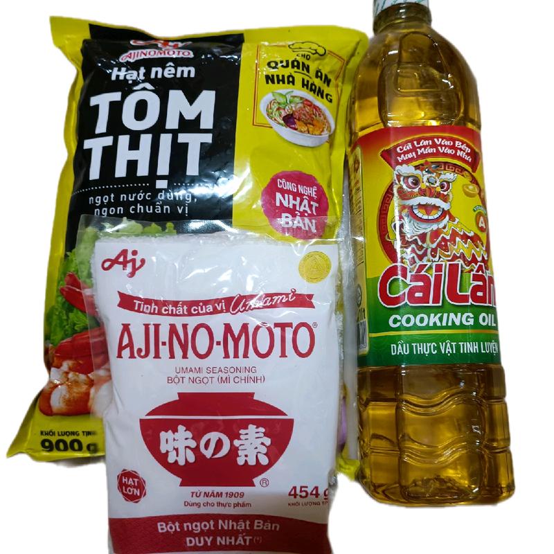 Combo 3 món 1 hạt niêm tôm thịt 900g+1 bột ngọt hạt lớn 454g+1 dầu ăn cái lân 1 lít.