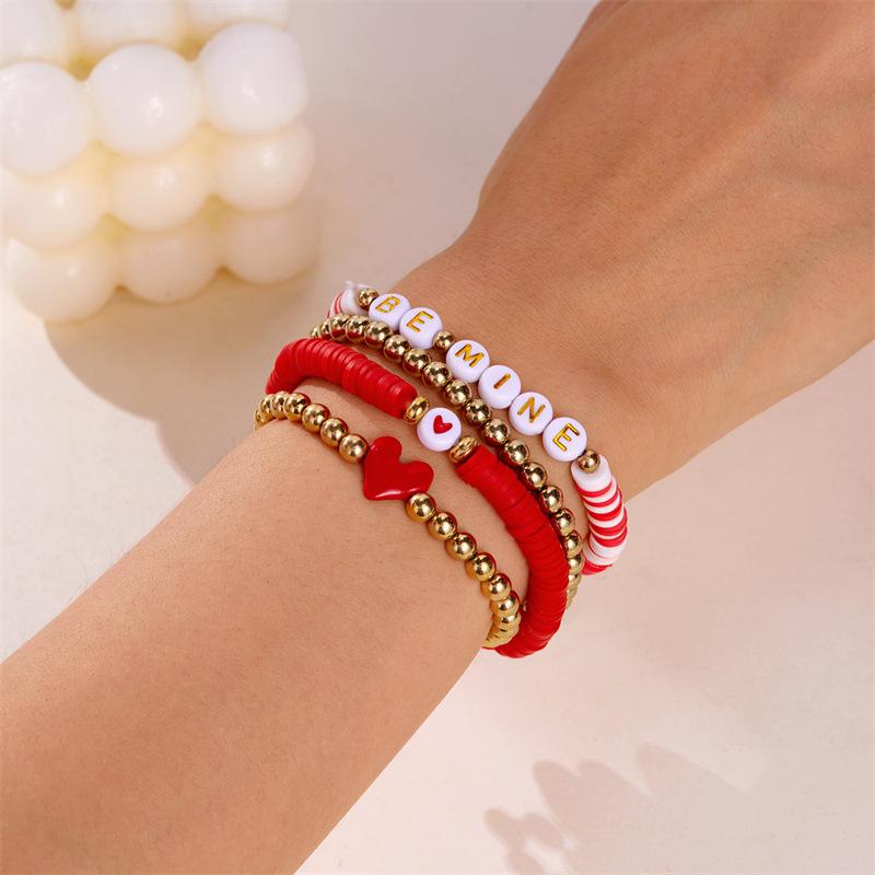 Product Introduction of Europe and America Cross Border Valentine's Day Bracelet Multi-Layer Twin Pink Love Pendant Bracelet Polymer Clay Beaded Stretch Bracelet 8