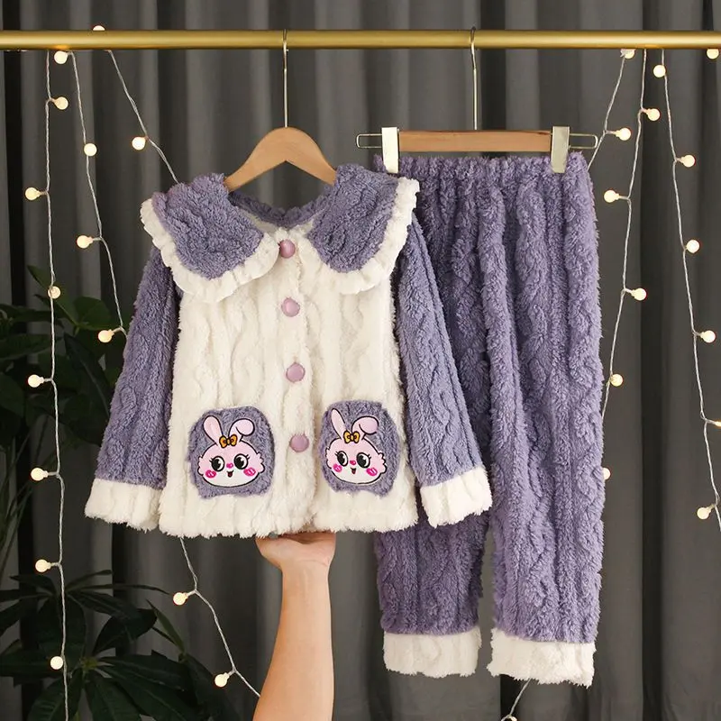 Đồ Ngủ Mùa Đông Cho Trẻ Em, Lông Cừu San Hô, Vừa Và Lớn, Vải Flanen Dày, Phong Cách Công Chúa Dễ Thương, Bộ Đồ Dài Tay, Đồ Mặc Nhà 5