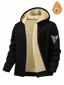 Men's Loose Fit Wing Print Zip Up Hooded Jacket, Casual Long Sleeve Pocket Design Thermal Lined Outerwear for Fall & Winter, Men's Clothes for Daily Wear
