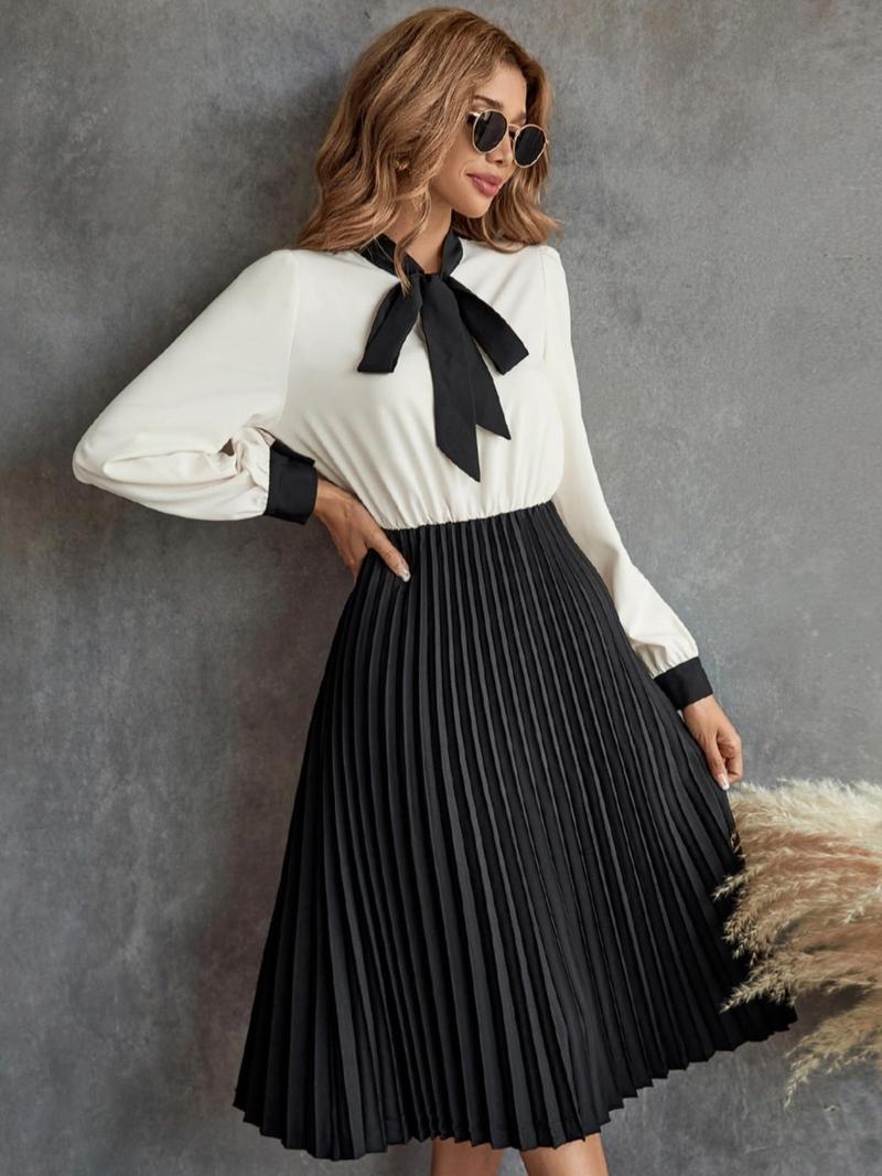 Product Introduction of Women's Colorblock Tie Neck Pleated Dress, Elegant Long Sleeve A Line Dress for Spring & Fall, Women's Clothes 4
