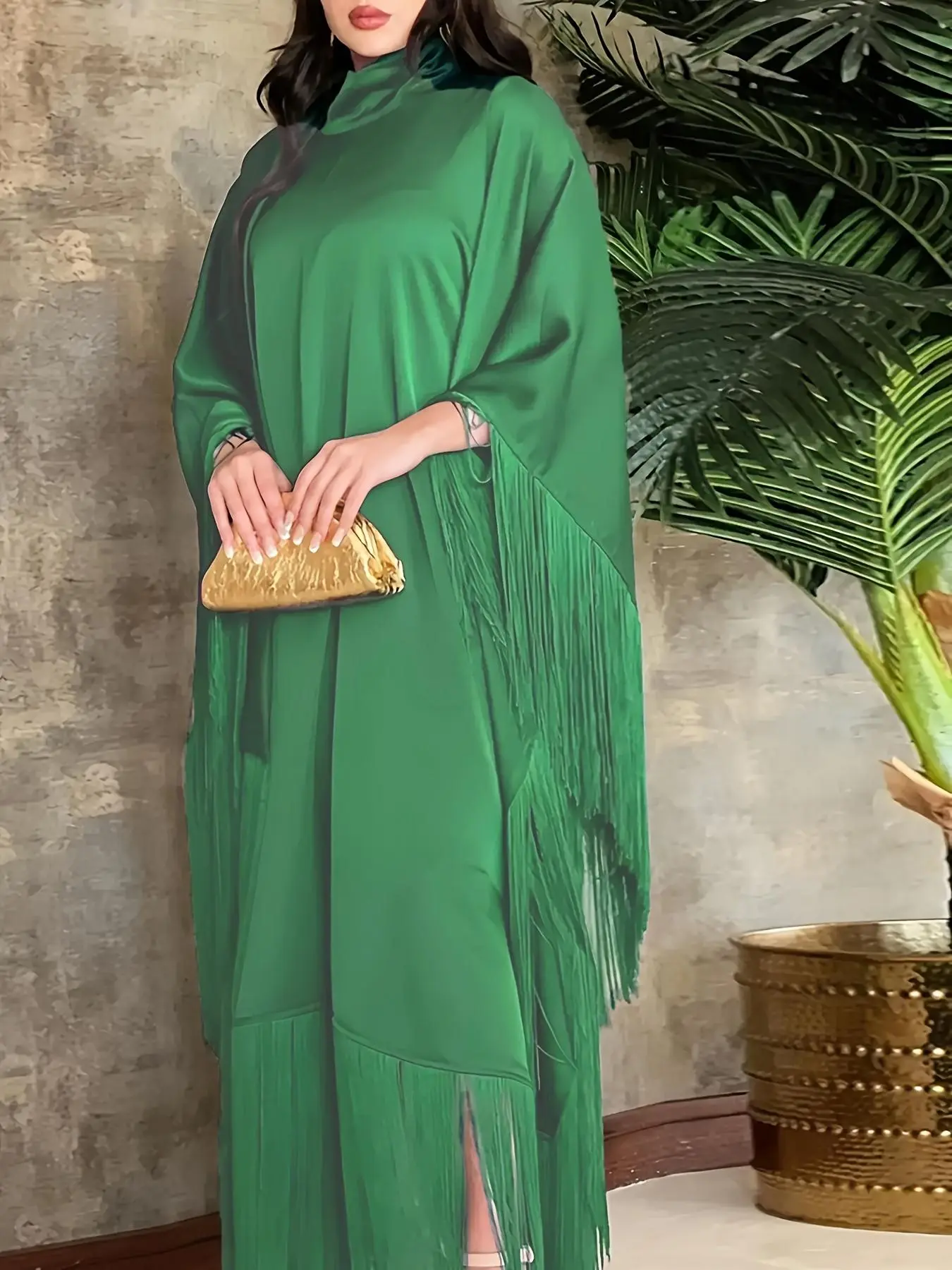 Arabic Clothing-Women's Fringe Trim Ribbon Batwing Sleeve Kaftan, Kaftan Dress, Elegant Long Sleeve Collared Satin Dress, Modest Clothes, Summer Outfits 2024, Muslim Fashion Outfits, Islamic Clothes