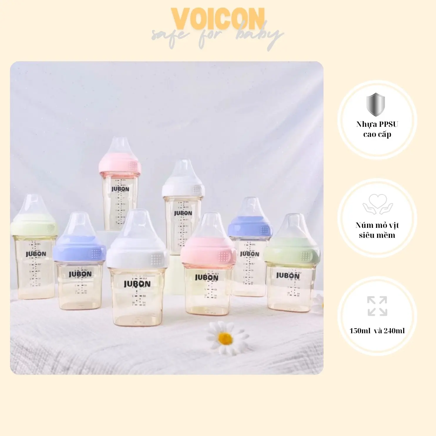 Bình sữa JUBON cổ vuông nhựa PPSU an toàn cho bé, núm mỏ vịt siêu mềm mại size 150ml và 240ml