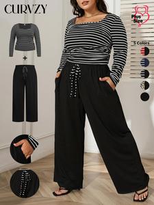 CURVZY Plus Size Two-piece Set Striped Print Tee & Pocket Tie Front Pants, Casual Long Sleeve Square Neck Top & Wide Leg Trousers Outfits for Spring & Fall, Women's Clothes for Daily Wear, Valentine's Day Gift for Girl
