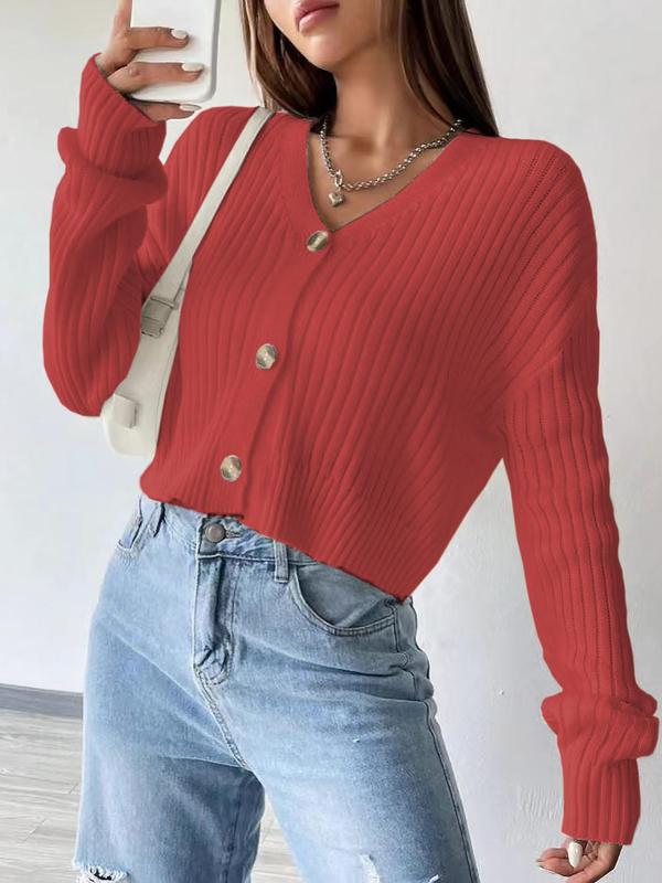 Women's Plain Button Front Drop Shoulder Cardigan, Casual Solid Long Sleeve V Neck Knitwear for Fall & Winter, Women's Clothing for Daily Wear, Workwear for Women, Go Out Tops, Womenswear 4