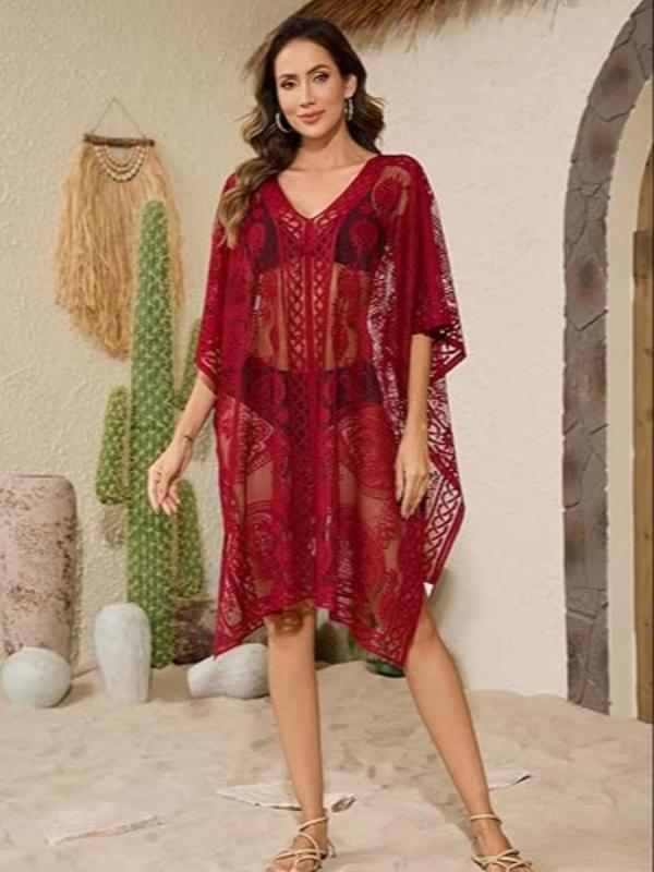 Casual Vacation Solid Lace Embroidered Swimwears Cover Up Casual Vacation Solid Lace Embroidered Swimwears Cover Up