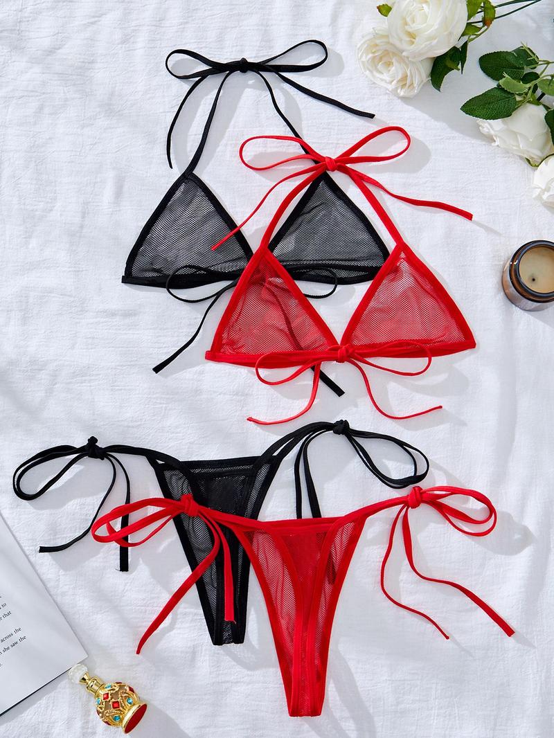 Product Introduction of Women's Solid Color Sheer Mesh Teddy Lingerie Set, Sexy Fashion Chic Tie Back  Bra & Tie Side Thong Set, Ladies Underwear for All Seasons 5