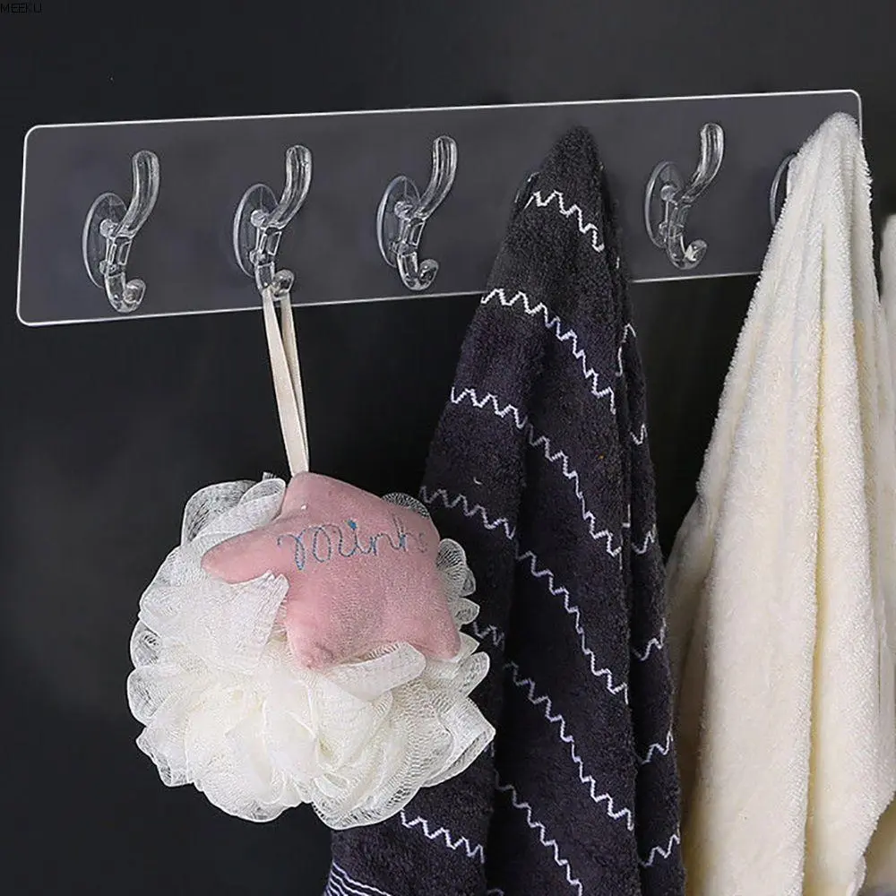 Practical 1/3/5/6 Row Transparent Autohesion for Bathroom,Kitchen Key Holder Wall Hooks Clothes Hanger Storage Rack