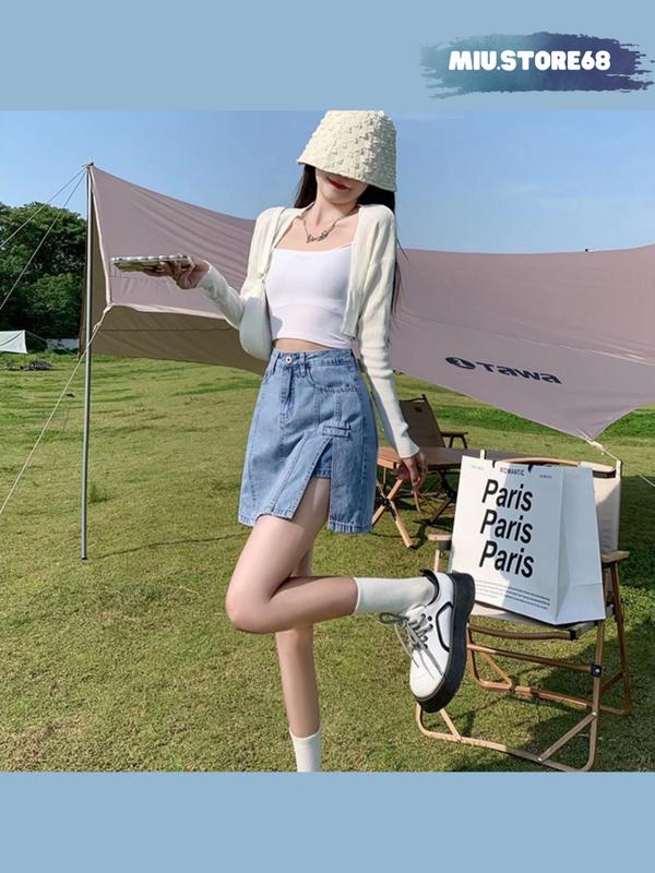 Chân váy bò chữ A ngắn cạp cao có quần lót trong, Chân váy jean ngắn xẻ tà 2 lớp cạp cao tôn dáng mã M024 Women Nhung Kem Voi