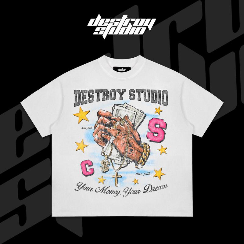 Áo thun YOUR MONEY, YOUR DREAM - Cotton - Brand Destroy Studio Menswear Nam Cổ Tròn Kem Unisex áo thun áo phông