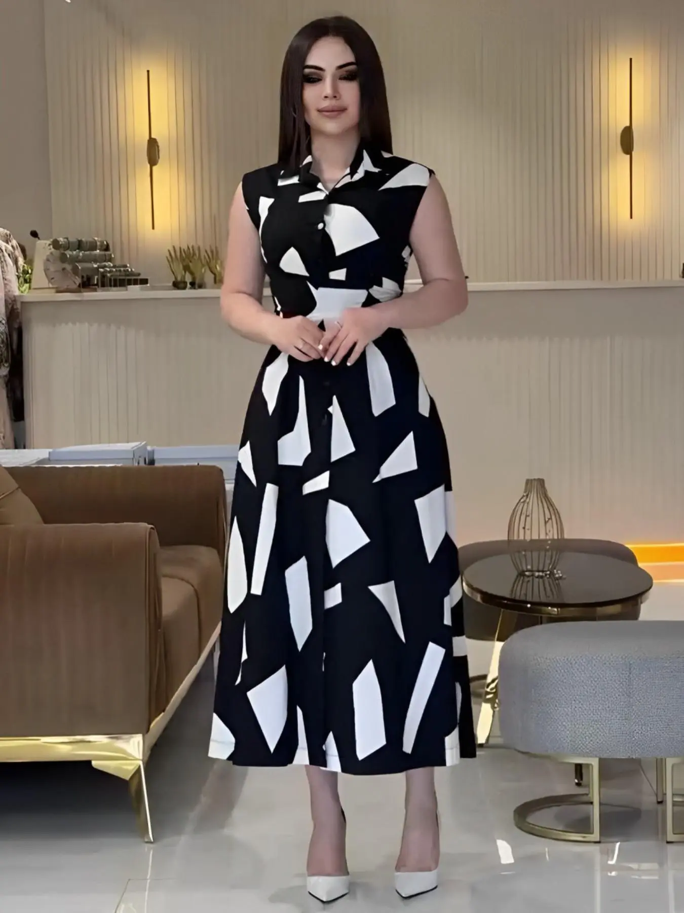 Women's Geometric Print Button Front A Line Dress, Elegant Sleeveless Collared Long Dress for Party Holiday Wedding Guest, Ladies Spring & Fall Clothes