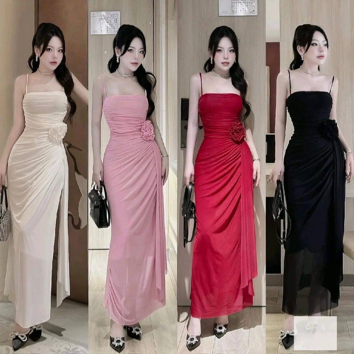 Đầm maxi ôm body hai dây lưới vạt hoa, Váy body 2 dây hoa eo phối vạt sang trọng dự tiệc đi chơi thanh lịch thường  đen-2 tối giản Nữ Women Dress Thun vintage  dress