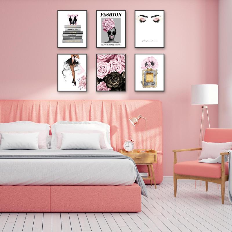 Fashionable Figure & Floral & Perfume Pattern Unframed Painting, 6 Counts Home Decor Trendy Canvas Wall Art Print Artist Posters, Bedroom Decorations 2