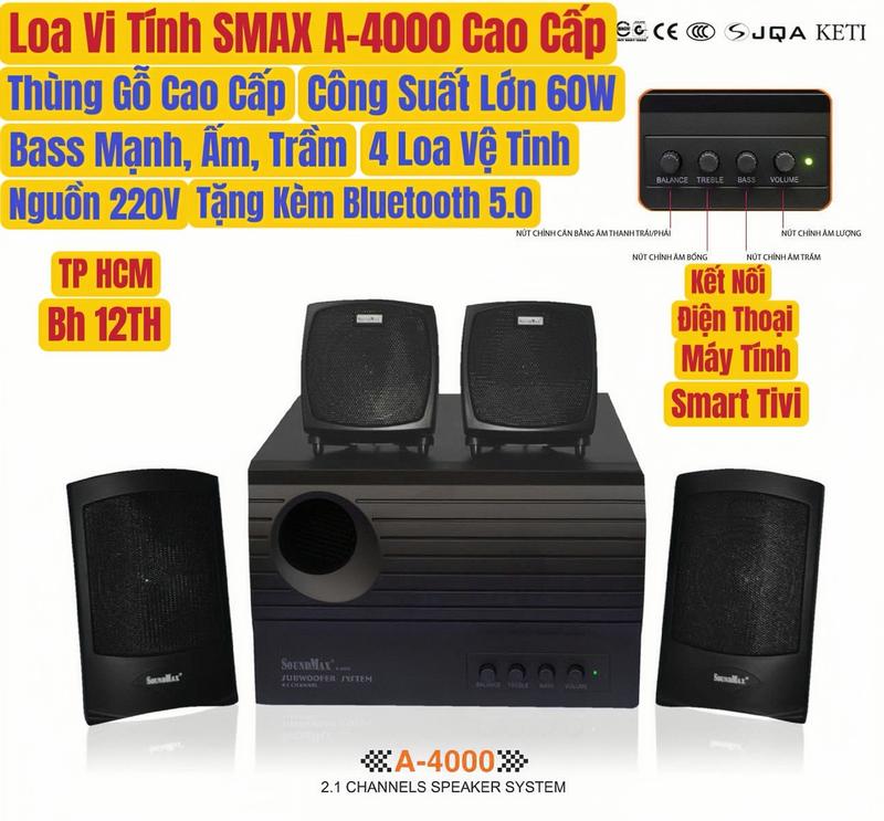 Loa Vi Tính Cao Cấp SMAX 4.1 A4000 60W, BOSSTON T1900 tặng kèm Bluetooth 5.0 - Kết nối máy tính, điện thoại, tivi - FULL BOX BH12TH
