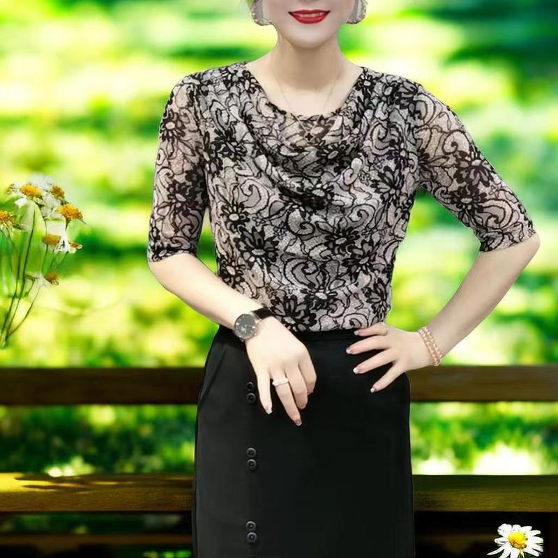 Áo Lớp Nền In Cao Cấp Mùa Hè, Áo Sơ Mi Lưới Co Giãn Phong Cách Phương Tây Của Mẹ, Ngoại Cỡ, Dáng Rộng Vừa Vặn, Có Túi, Cổ Bẻ, Bó Sát, Thanh Lịch, Năm 2024 Nữ Women 7