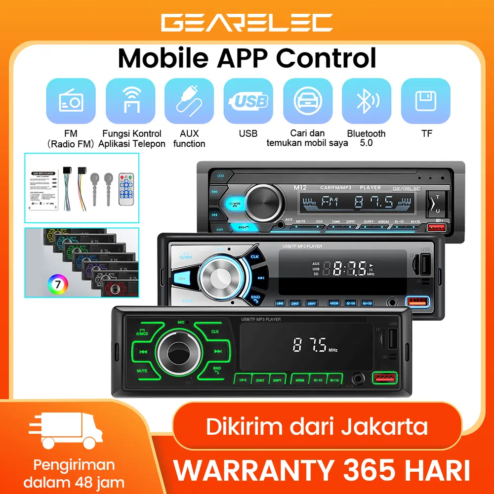 Gearelec Head Unit 1 Din Tape Mobil dengan Audio MP3 Radio Bluetooth USB FM USB AUX TF