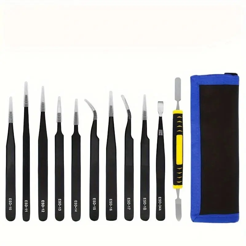 Precision Tweezers Set, Anti-Static Tweezers Kit with 10 tweezers & 1 crowbar, Non-Magnetic Stainless Steel Tweezers with Storage Bag for Modeling, Electronic Repair, Handicraft & Laboratory