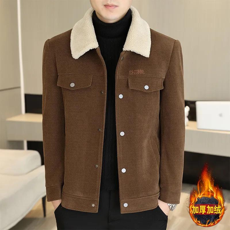 Quần Áo Nam, Áo Khoác Cổ Polo, Màu Trơn Cổ Lông Ruy Băng, Lót Lông Cừu, Ấm Áp, Dành Cho Nam Trung Niên, Áo Khoác Len Bejirog, Thích Hợp Cho Mùa Thu Và Mùa Đông, Raccoon 0