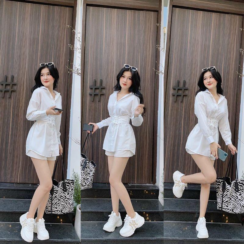 set đồ nữ sang chảnh cá tính mix áo sơ mi kèm đai bản to lồng dây và quần đùi sang chảnh