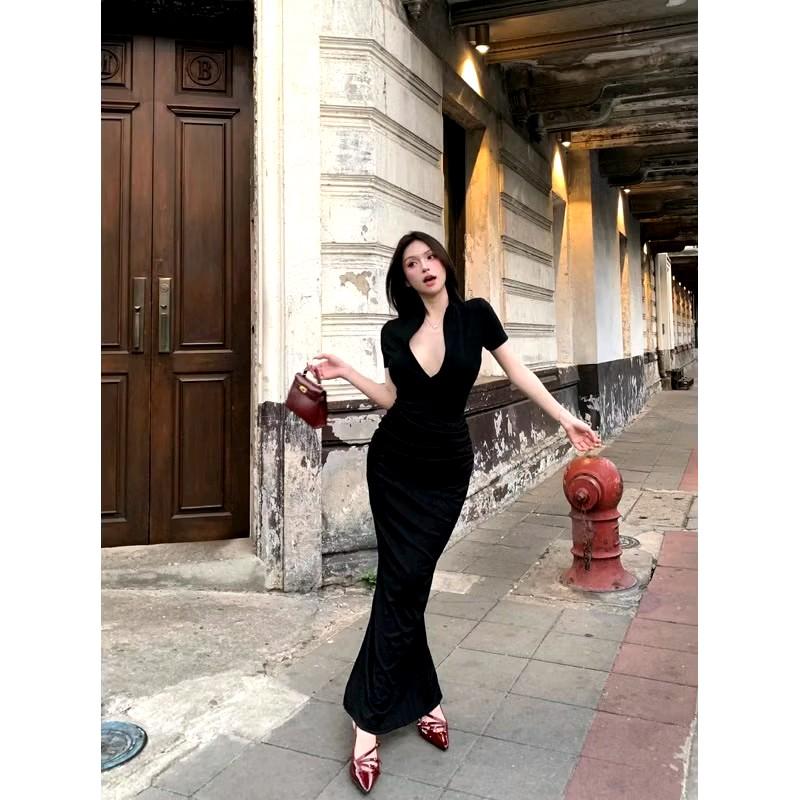 Đầm body tay ngắn sexy xẻ tà cổ chữ V, Váy body đen form dài maxi nhún eo sang chảnh đi dự tiệc Nữ D332 Voi Nhung